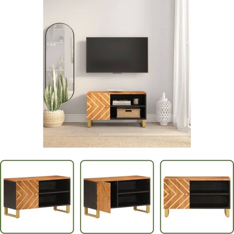 vidaXL Rangement - Meuble TV marron et noir 80x31,5x46 cm bois massif de manguier (1/5)