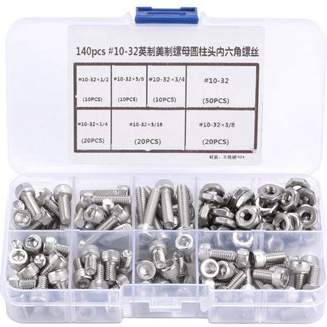 140 pièces Boulons à tête hexagonale creuse en acier inoxydable 10-32 - Kit assortiment vis hex (1/5)