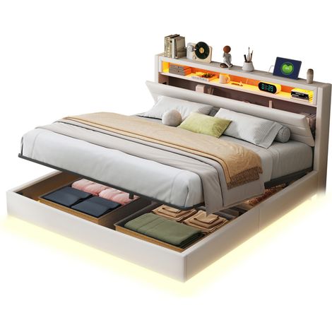 CHICFURN Lit coffre rembourre 160 x 200 beige avec tete de lit pivotante LED USB (1/5)
