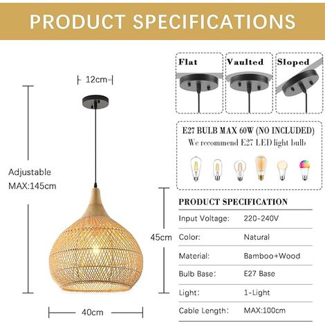 Natürliche Innenraumbeleuchtung, Boho Küchenlampe, Vintage Handgewebe Dekoration Wohnzimmer Kronleuchter 40 40 45 (1/3)