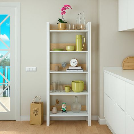 Dmora - Bücherregal Dnist, Büroregal mit 5 Regalen, Bücherregal, Bibliothek, 57x27h170 cm, Glänzendes Weiß und Eiche (1/5)