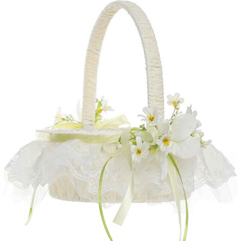 (5829 Milchweiß) Hochzeitsblumenkorb, kleiner Handblumenkorb für Brautjungfern, Hochzeitskorb, neuer Stil, Spitzenrand, Blütenblattblumenkorb. (1/2)