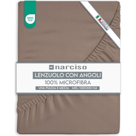 Drap housse 1 place et demie 130 x 200 + 25 en microfibre de couleur unie, draps 1 place et demie, linge de lit fabriqué en Italie 1,5 P - Boue (1/5)