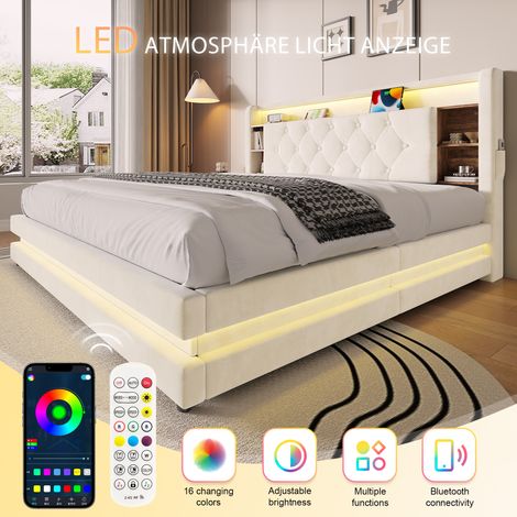 Lit capitonné 160x200 cm avec tiroirs intégrés, velours luxueux, tête de lit polyvalente, éclairage LED, ports USB et Type-C, piston hydraulique, sommier à lattes, étagères apparentes, teinte beige. (1/5)