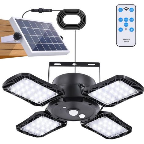Lampe Solaire Extérieur Intérieur Détecteur de Mouvement avec Télécommande,  Lampe Suspende Solaire 128LED 4400mAh batterie avec Câble 5m, étanche IP65, 4 modes, pour jardin Maison
