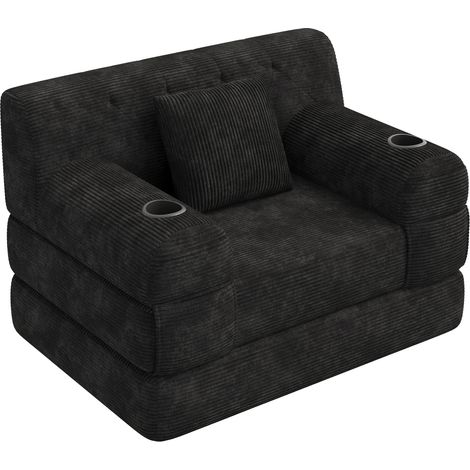 1-Sitzer-Schlafsofa aus schwarzem Rippenvelours mit hoher Rückenlehne und Becherhaltern (1/4)