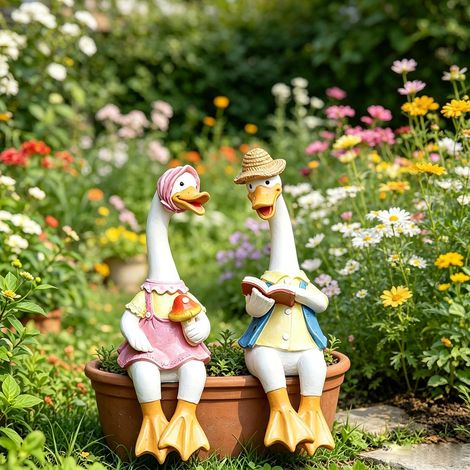 Ente Gartenstatuen, 2 Stück Cartoon Harz Niedliche sitzende Skulptur Gänseliebhaber Figur Geschenk, Gans Gartenfigur Wetterfest für Hof Haus Garten Terrasse und Büro (1/5)