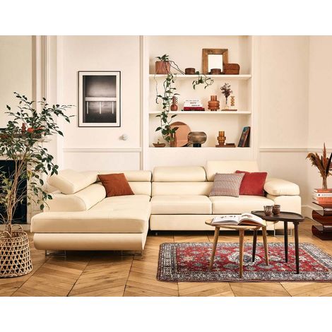 Zaria - ecksofa links 5-sitzer schlaffunktion und bettkasten und kopfstützen aus veganem leder - beige