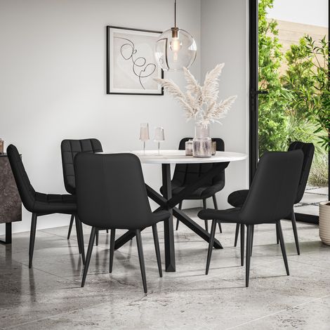 Malvern Round Dining Table And Chairs - Marble Table Top w Solid Black Oak Legs + Nova Faux Leather Dining Chair Set Of 6 (Black) (1/5)