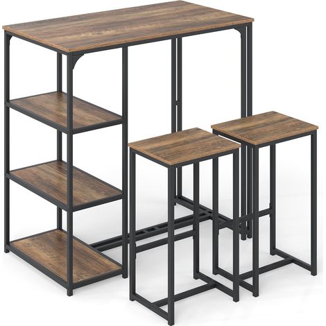 3-teiliges Bartisch-Set mit Hockern und Ablageflächen