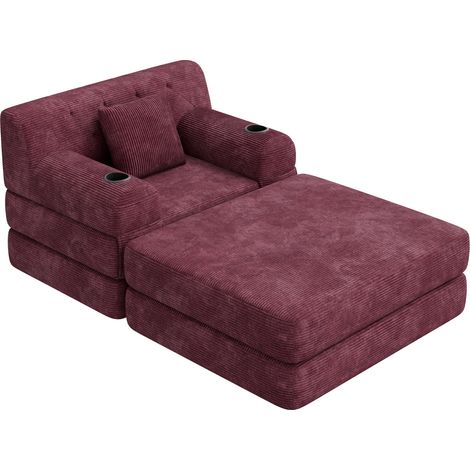 Fauteuil convertible 1 place en velours côtelé avec pouf, dossier haut et structure métallique, Bordeaux (1/5)