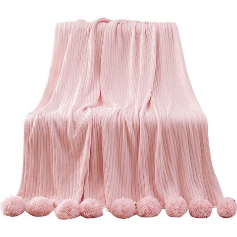 Sollbry Manta de punto de algodón rosa con pompones gruesos, estilo shabby chic suave, ideal para mujeres, amigas y para el Día del Padre (rosa, 100 x 150 cm) (1/5)