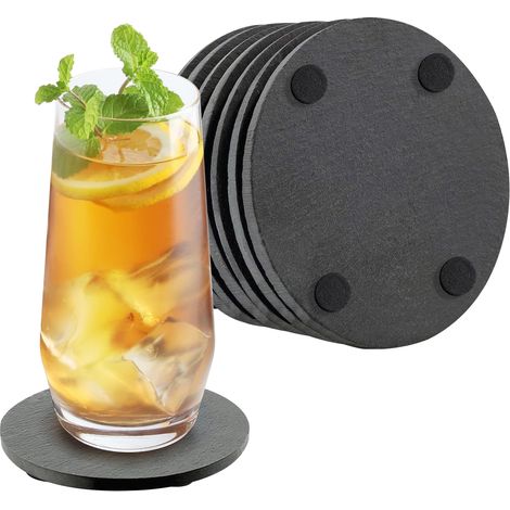Set 8 Pezzi Sottobicchieri Rotondi In Ardesia 10 Cm Colore Nero Pietra Naturale Certificati Contatto Alimentare Con Gommini Antiscivolo Sottobicchiere Bar,Birreria,Casa Accessori Decorazione Tavola (1/5)