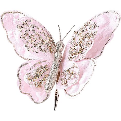 Adorno navideño de mariposa artificial de dos niveles (HY2107), rosa, decoración de lujo para árbol de Navidad DIY. (1/2)
