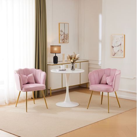 Lot de 2 chaises en velours rose – dossier pétale, pieds dorés (1/5)