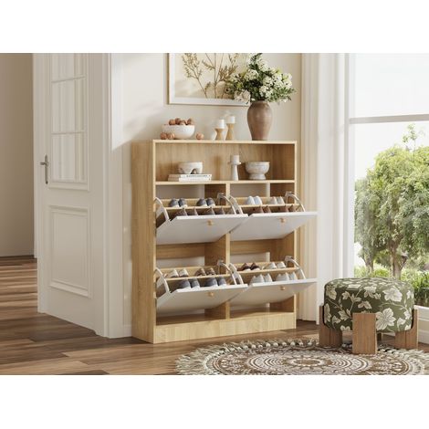 Armoire à chaussures avec 4 compartiments. Armoire pour chaussures étroit, doté de compartiments ouverts pour le rangement des chaussures. Matériaux : naturel et blanc. Dimensions : L90xT24xH104,5 cm.