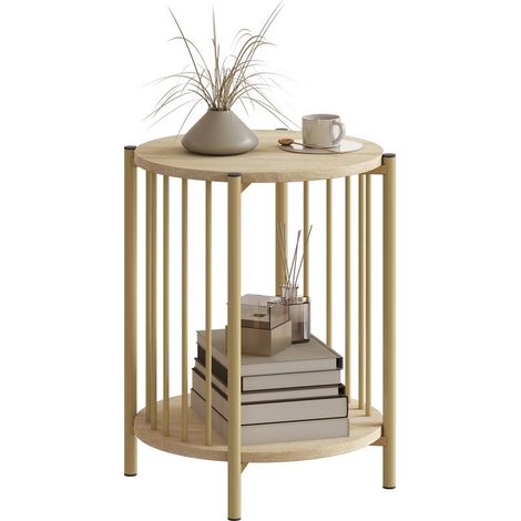 Table ronde naturelle 2 niveaux avec rangement en acier, Ø41x49 cm, design sobre et pratique pour petit espace (1/5)