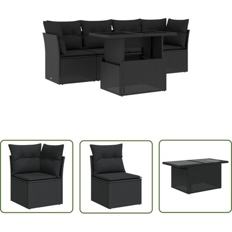 The Living Store Salon de jardin 5 pcs avec coussins noir résine tressée - Ensemble Salon De Jardin - Meuble De Jardin - Table De Jardin - Chaise Longue - Canapé Extérieur (1/5)