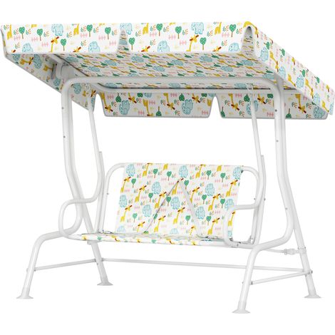 Balançoire d'extérieur 2 places pour enfants avec auvent réglable et ceintures de sécurité, 112 x 75 x 120 cm, blanche (1/5)