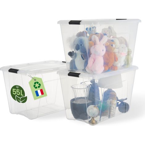 Iris Ohyama, Boite de Rangement Maison plastique recyclé, 55L, Lot de 3, Transparent, BSB-55