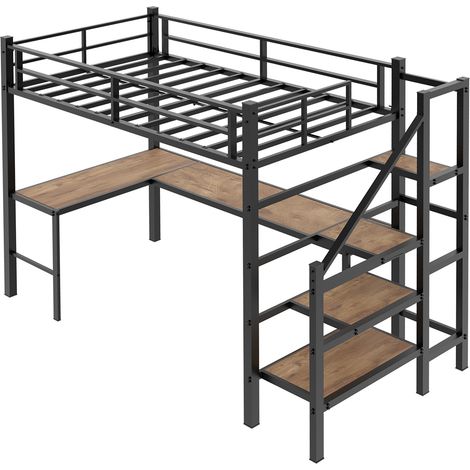 Cama alta metálica negra con escritorio en L 90 x 190 cm y estanterías (1/5)