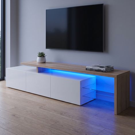 Meuble tv led 200 cm - banc de salon avec étagères en verre et 3 compartiments - espace de rangement - design moderne en mdf - blanc et bois (1/5)