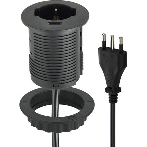 Electraline 61909 Multipresa con 1 Presa Grommet Polivalente (10/16A + Schuko) da incasso per Scrivania + 1 USB Quick Charge 2A, con cavo 2m, Nero (1/4)