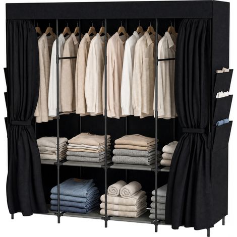 Armoire gain de place en tissu avec 5 tringles, 4 étagères, 6 poches latérales, 170 x 45 x 167 cm, noire (1/5)