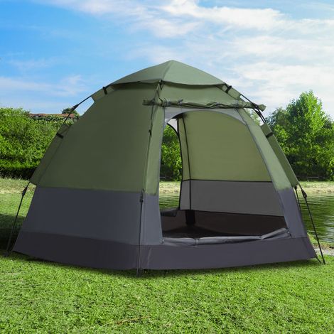Tente pop-up camping 3-4 personnes, dôme étanche, 2 grandes portes, 2,6×2,6×1,5m, vert-gris, polyester Oxford fibre verre