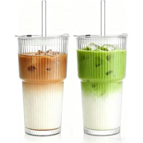 2 unités Verre à boire ribbé 600 ml, avec couvercle étanche et paille en verre, pour café glacé, smoothie et boissons longues (1/5)