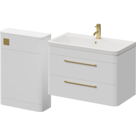 Oslo Gloss White 1350mm Wall Mounted Vanity Unit Toilet Suite with Leni Basin - 1350mm - Brushed Brass 320mm HandleWithout Jubilee Toilet Pan