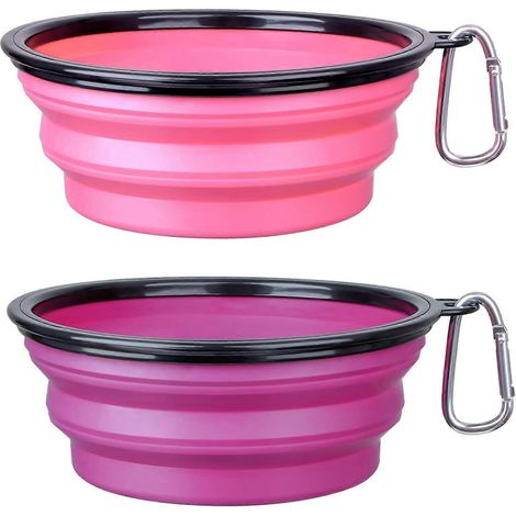 Gamelles pliables pour chiens et chats, lot de 2 portables rose/violet avec 2 mousquetons, pour promenades, voyages et déplacements d'animaux (1/5)