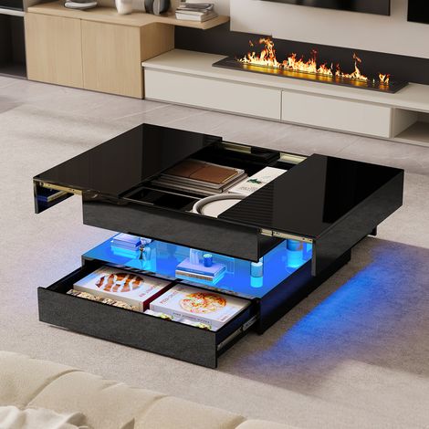 Tables Basses avec LED, Modernes Table de Salon avec 2 Tiroirs et Compartiment Caché, Table Basse Salon carré, Table d'Appoint carré (Noir) (1/4)