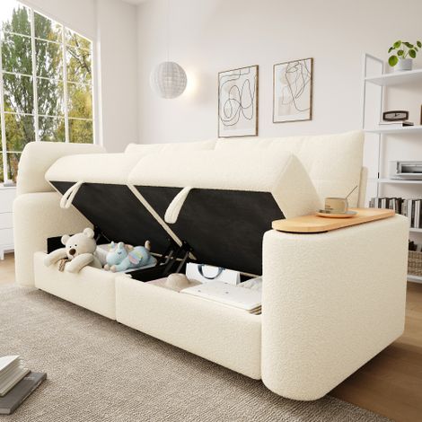 Canapé-lit modulable 3 places en peluche douce – Rangement intégré – Appui-tête et tablette pivotante – Dimensions 207,5 x 80 x 87 cm