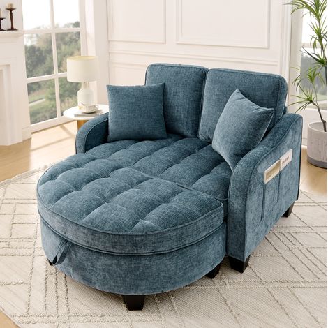 Canapé-lit 2 en 1 bleu avec pouf de rangement en bois d’eucalyptus (1/5)