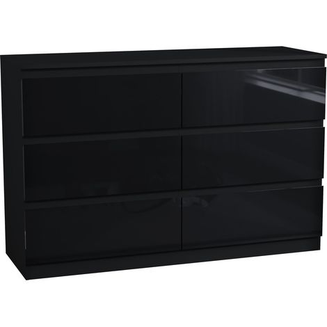 Glinton 6 Drawer Chest of Drawers High Gloss Bedroom Storage Furniture, 100% FSC, Black