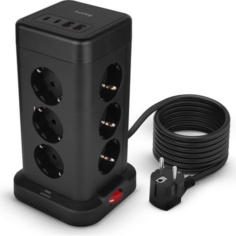 Tour multiprise avec 12 Prises CA et 4 Ports USB (2 USB-C, 2 USB-A) – Multiprise avec Protection Contre Les surtensions, câble de 1,8 m, 3 680 W, Verticale, Noire (1/5)