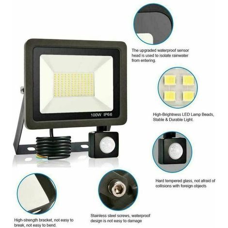 Projecteur à détecteur de mouvement 100W – Étanche IP65 – Lumière blanc froid 60000 (LM) – Éclairage extérieur pour jardins et garages (1/5)