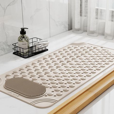 Rutschfeste Badematte 50×80 cm – TPR – Starke Saugnäpfe – Massagefunktion, weiche Bürsten – Beige – Für Dusche und Badewanne (1/5)