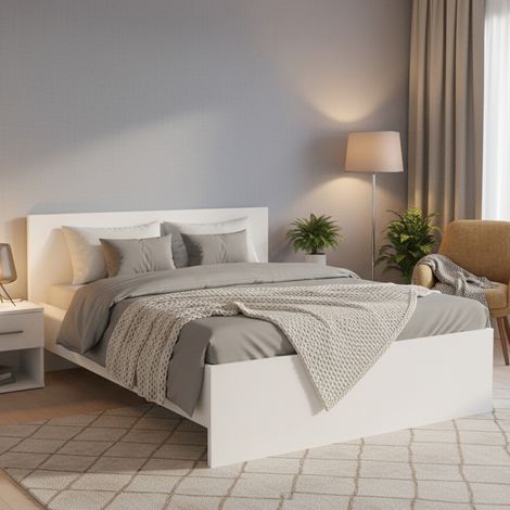 Cama Doble Gamalero, Cabecero Detalle Geométrico, Tapizado, Tamaño de Colchón 160x200 cm, Blanco Mate (1/5)