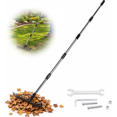 194 cm Râteau de Jardin Métallique, Râteau à Gazon avec Manche en Acier Inoxydable 5 Sections pour Ameublir Le Sol, Niveler la Pelouse, 17 Dents, Ramasser Les Feuilles (194cm) (1/5)