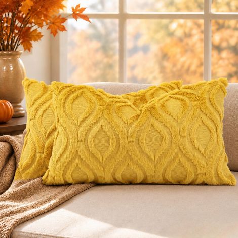 Lot de 2 Housses de Coussin rectangulaires en Fausse Fourrure de Style bohème Neutre, pour canapé, 30 x 50 cm, Jaune Moutarde (1/5)
