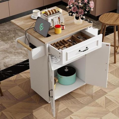 Meuble roulant de cuisine - KOMHTOM - Îlot mobile extensible 66x60x90 cm - Plan pliant - Tiroir - Rangement réglable (1/5)