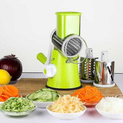 Affettatrice manuale da cucina, tagliaverdure multifunzione con 2 lame a tamburo staccabili, grattugia per patate, carote, formaggio, noci, ecc.