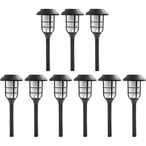 Lampes solaires décoration de jardin pour l'extérieur sur piquet éclairage de terrasse lanterne effet flamme, plastique noir, batterie 6-8h, LED blanc chaud, DxH 12x43cm, lot de 9 (1/5)