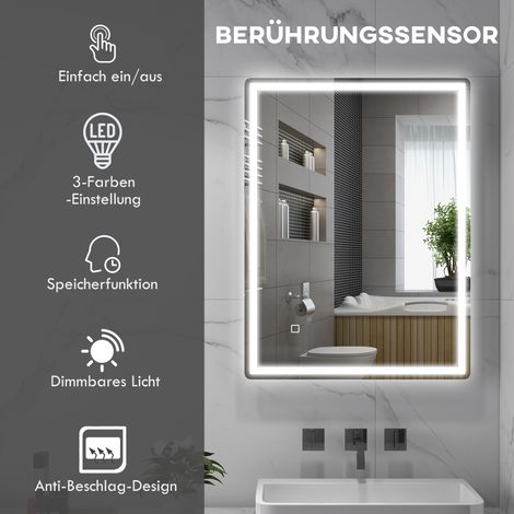 Miroir lumineux LED pour salle de bain, fixation murale, fermeture amortie, fonction anti-buée, 60 x 80 x 4 cm, blanc (1/4)