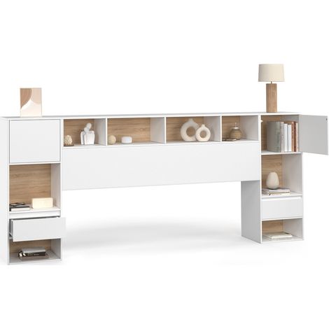 Idmarket – Tête de lit 240 cm avec rangements – 2 chevets tiroirs – Placards et niches en bois et blanc – Installation facile