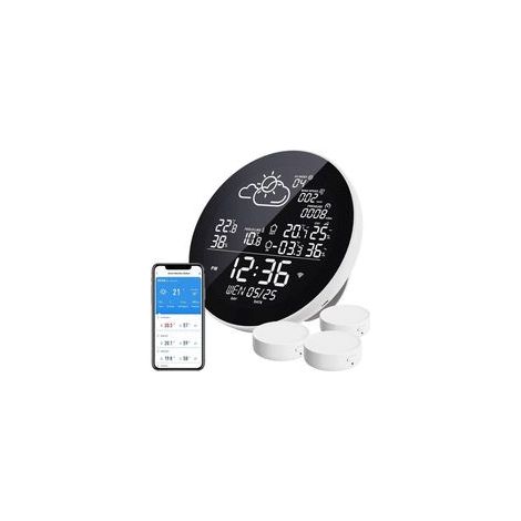 Station météo WiFi sans fil – 3 capteurs extérieurs – Écran LCD 13 cm – Précision 0,1℃ et 0,1% – Portée 60m – Compatible applications TUYA