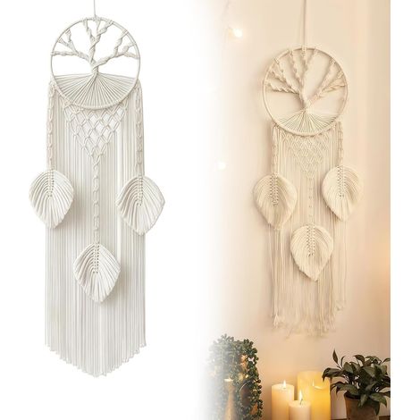Attrape-Rêves Macramé Déco Murale Bohème, Arbre de Vie à Suspendre Fait Main en Coton avec Plumes, Décoration Murale pour Salon et Chambre, Beige 20x80cm (1/5)