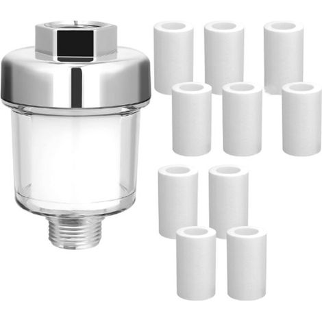 Filtre de douche - Universel - Filtre de Douche - Filtre à eau anticalcaire - Filtre de robinet - Purificateur d'eau - Filtre à Water - Argenté et transparent - Avec 10 éléments filtrants en coton pp (1/5)